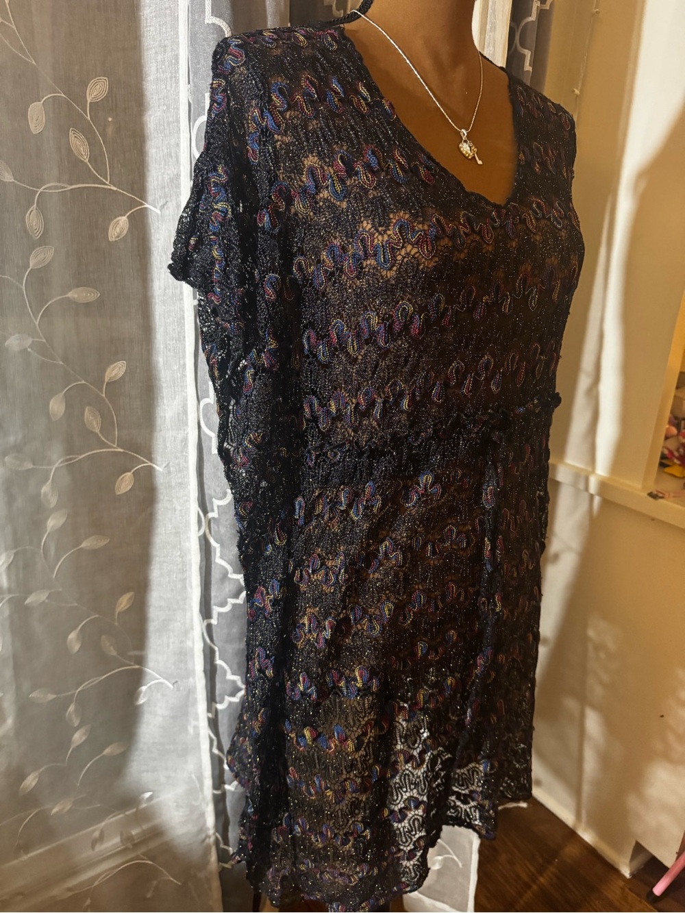 Time and Tru Black Lace V-Neck Coverup Dress with Multicolor Threading